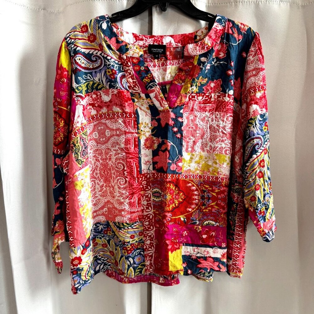 Jones NY Womens Top Size 1X Patchwork VNeck Western Boho Rayon Colorful 17927x